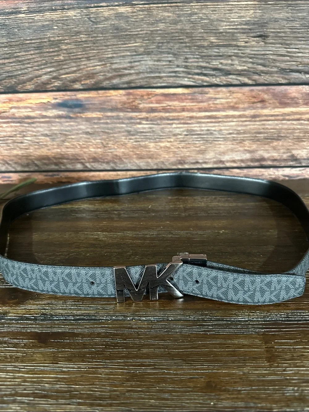 Michael Kors reversible Gray and Black Monogram Belt with Gunmetal MK Buckle